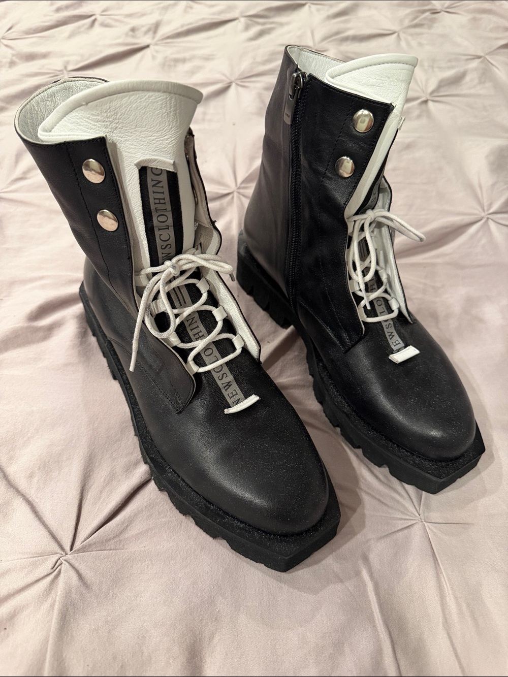 Black & White Lace-Up Chunky Combat Boots - Women's Fashion